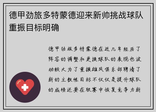 德甲劲旅多特蒙德迎来新帅挑战球队重振目标明确